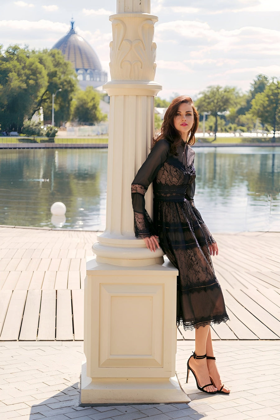 Floor Length Sleeve Lace Formal Black Cocktail Dress
