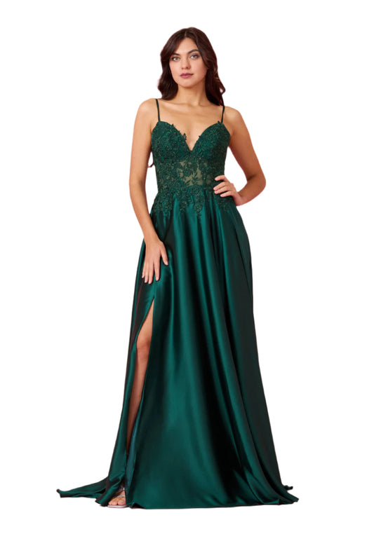 Dylan and Davids Full-Length Chiffon Lace Illusion Formal Gown Prom Dress - EMERALD GREEN - FRONT 