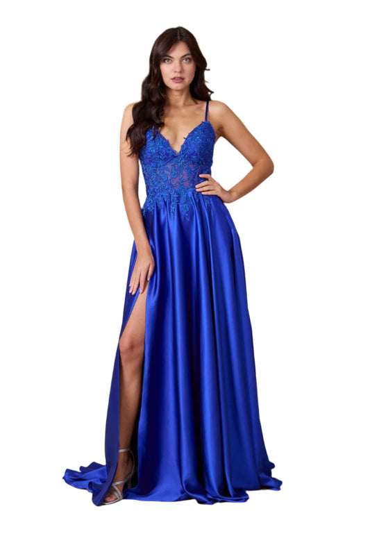 Dylan and Davids Full-Length Chiffon Lace Illusion Formal Gown Prom Dress - ROYAL BLUE - FRONT 