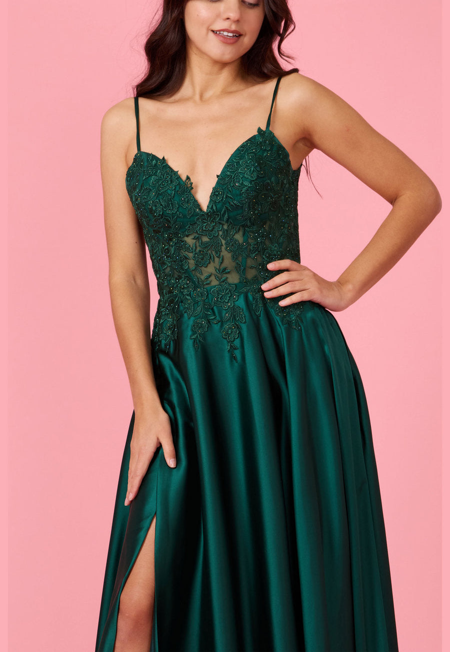 Floor Length Chiffon Lace Illusion Formal Prom Dress