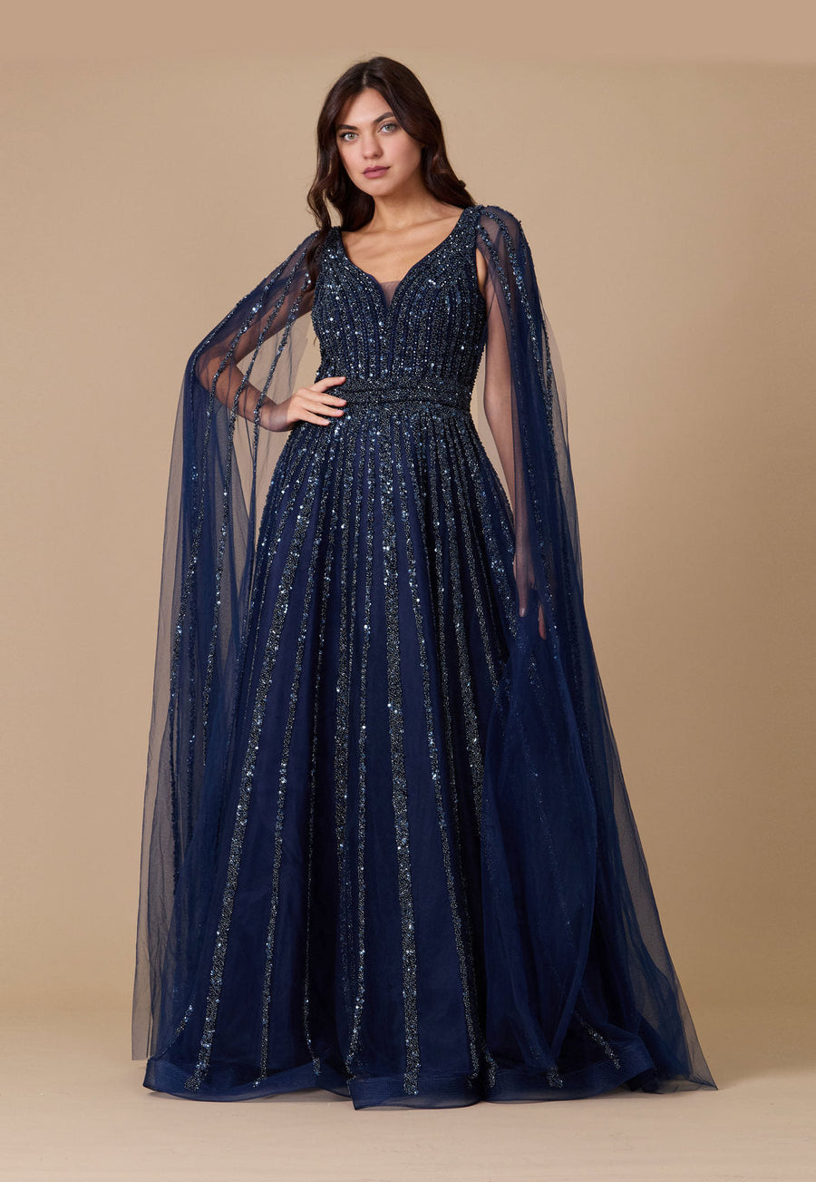 Cape Sleeve Heavy Beaded Couture Formal Dress