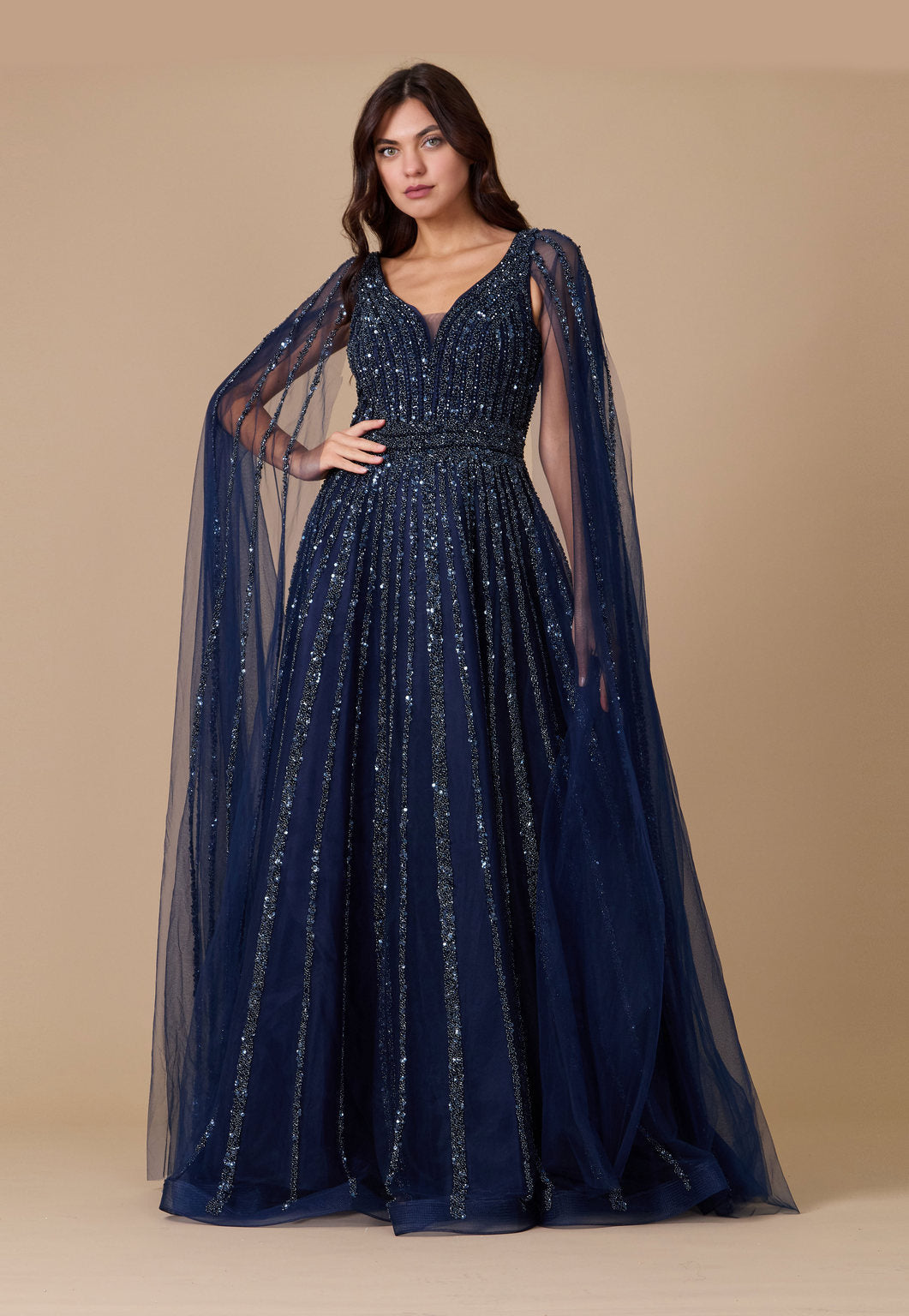 Cape Sleeve Heavy Beaded Couture Formal Dress