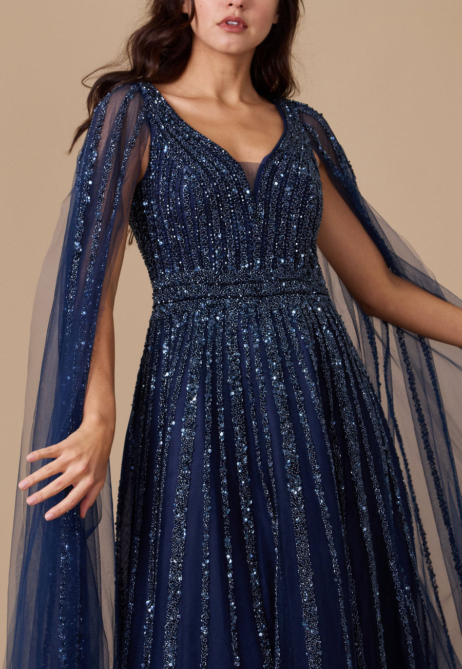 Cape Sleeve Heavy Beaded Couture Formal Dress