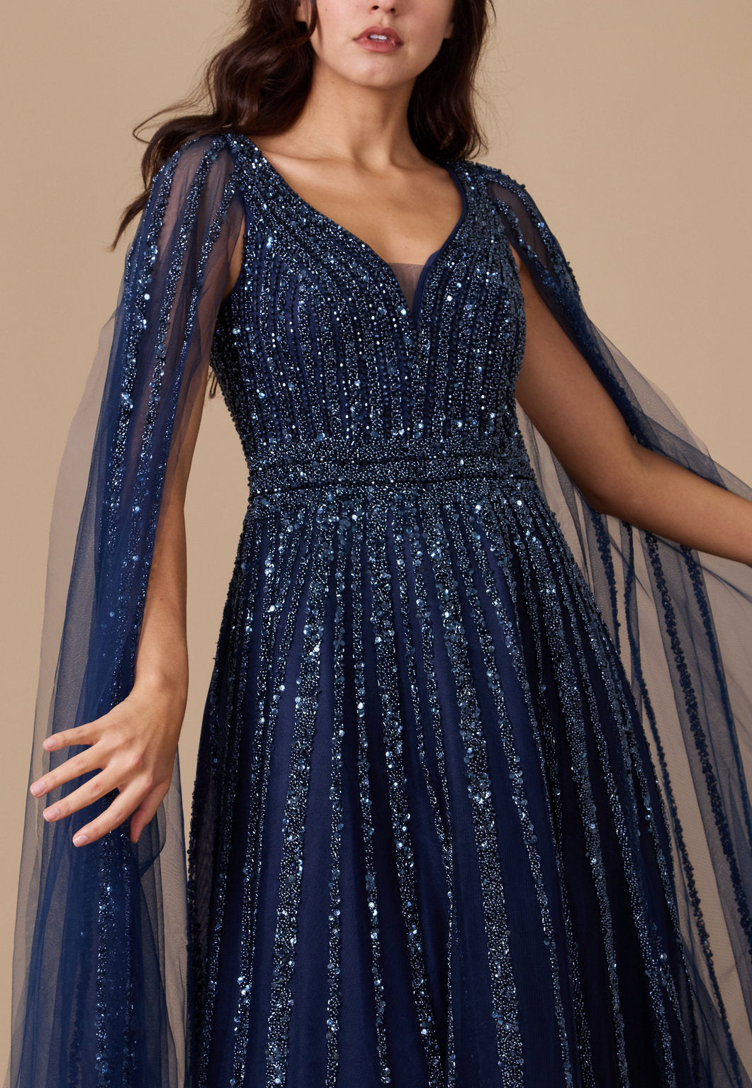 Cape Sleeve Heavy Beaded Couture Formal Dress