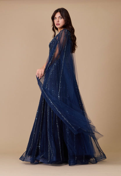 Cape Sleeve Heavy Beaded Couture Formal Dress