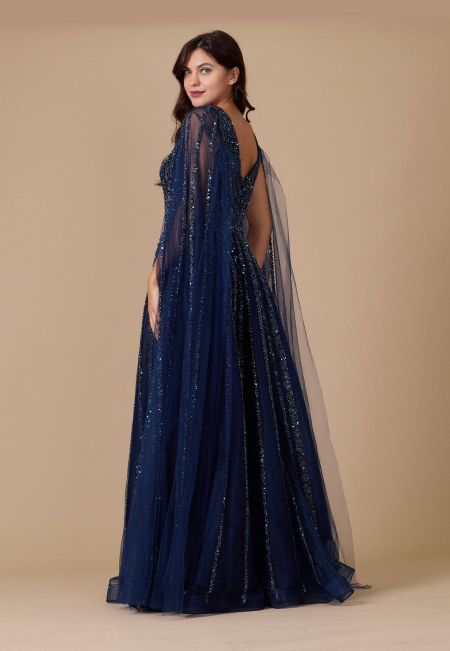 Cape Sleeve Heavy Beaded Couture Formal Dress