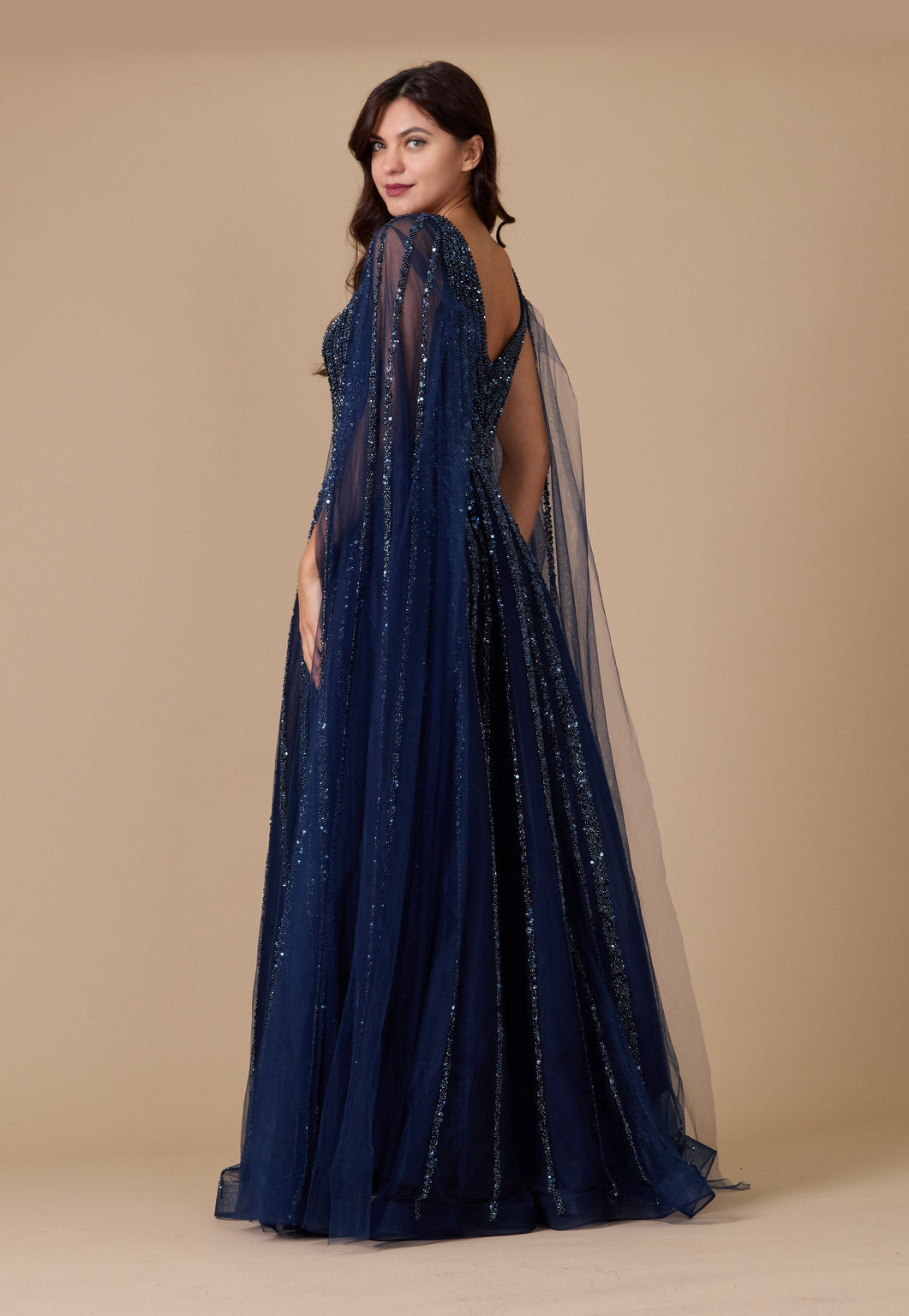 Cape Sleeve Heavy Beaded Couture Formal Dress
