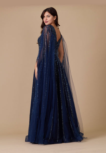 Cape Sleeve Heavy Beaded Couture Formal Dress
