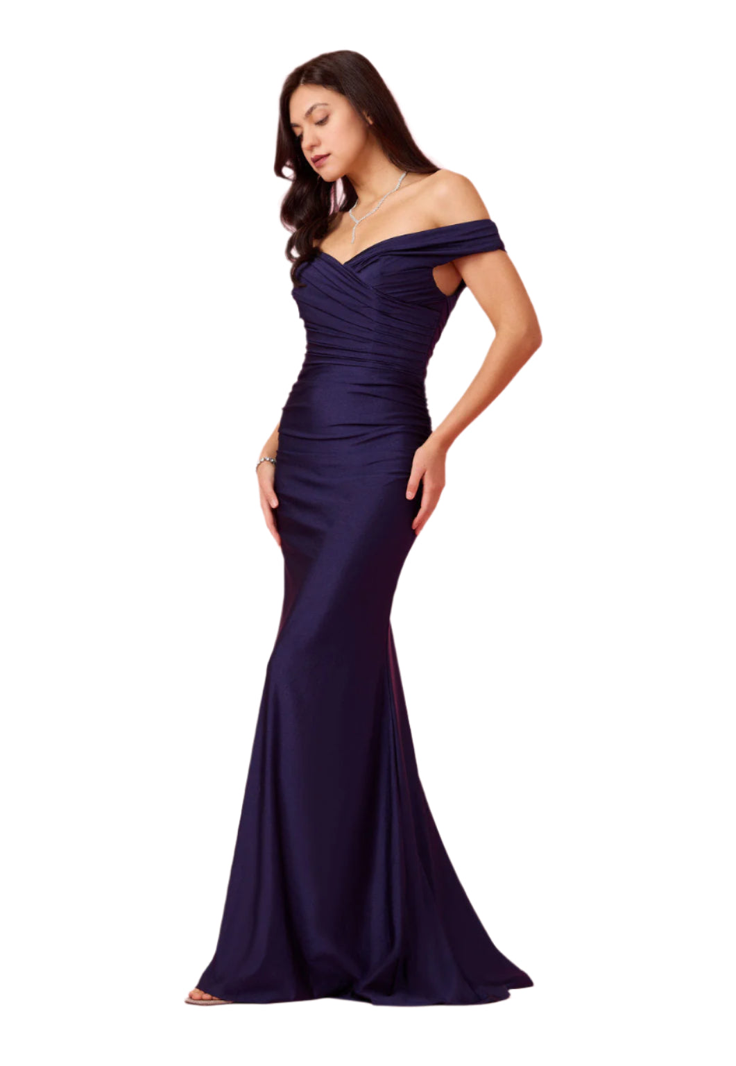Kos Couture Full-Length Stretch Formal Gown Off Shoulder Dress - NAVY - FRONT 