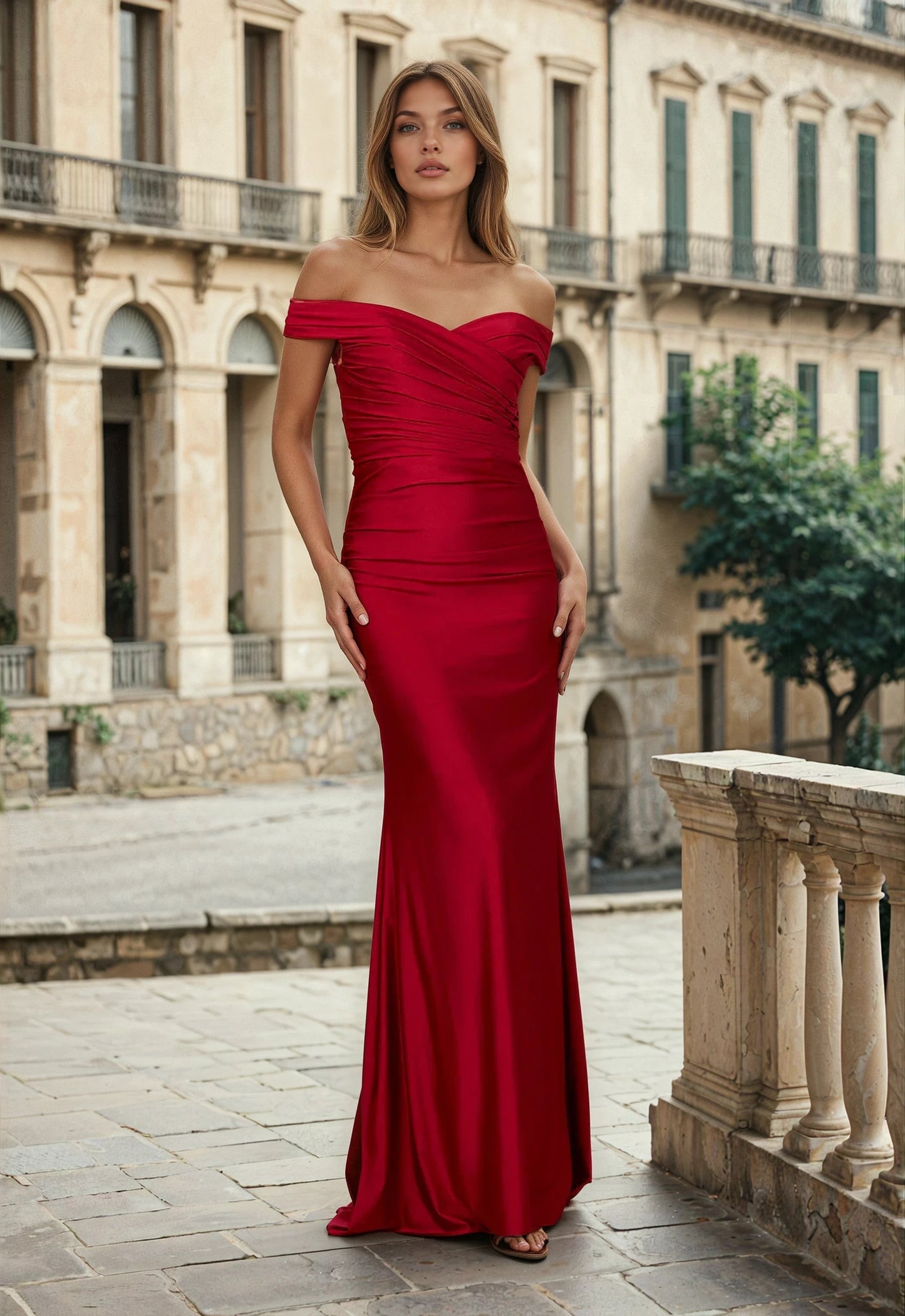 Floor Length Stretch Formal Off Shoulder Dress
