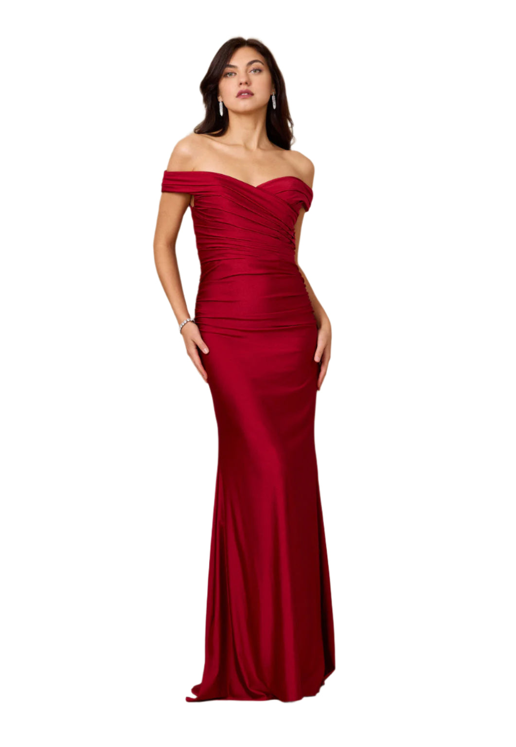 Kos Couture Full-Length Stretch Formal Gown Off Shoulder Dress - BURGANDY - FRONT 
