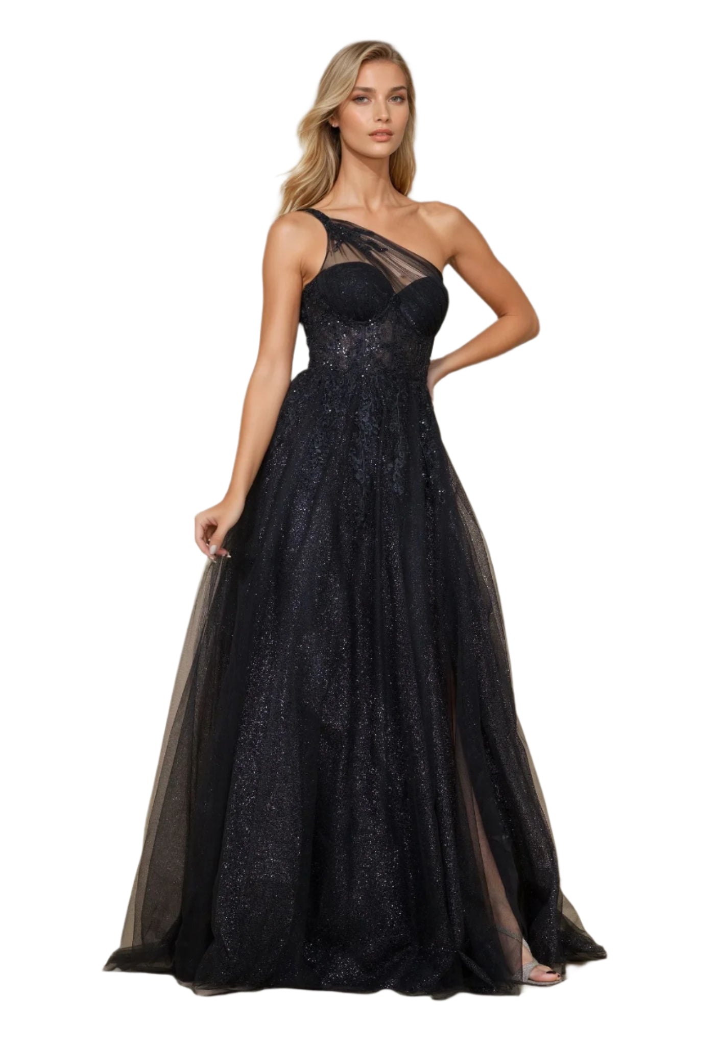 Kos Couture Full-Length Prom Dress One-Shoulder Formal Ball Gown - BLACK - FRONT 