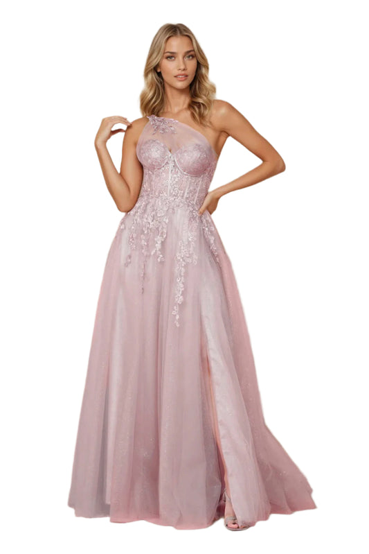 Kos Couture Full-Length Prom Dress One-Shoulder Formal Ball Gown - MAUVE - FRONT 