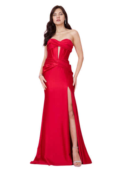 Kos Couture Full-Length Strapless Corset-Style Fitted Gown with Keyhole Detail Dress - BURGUNDY - FRONT  