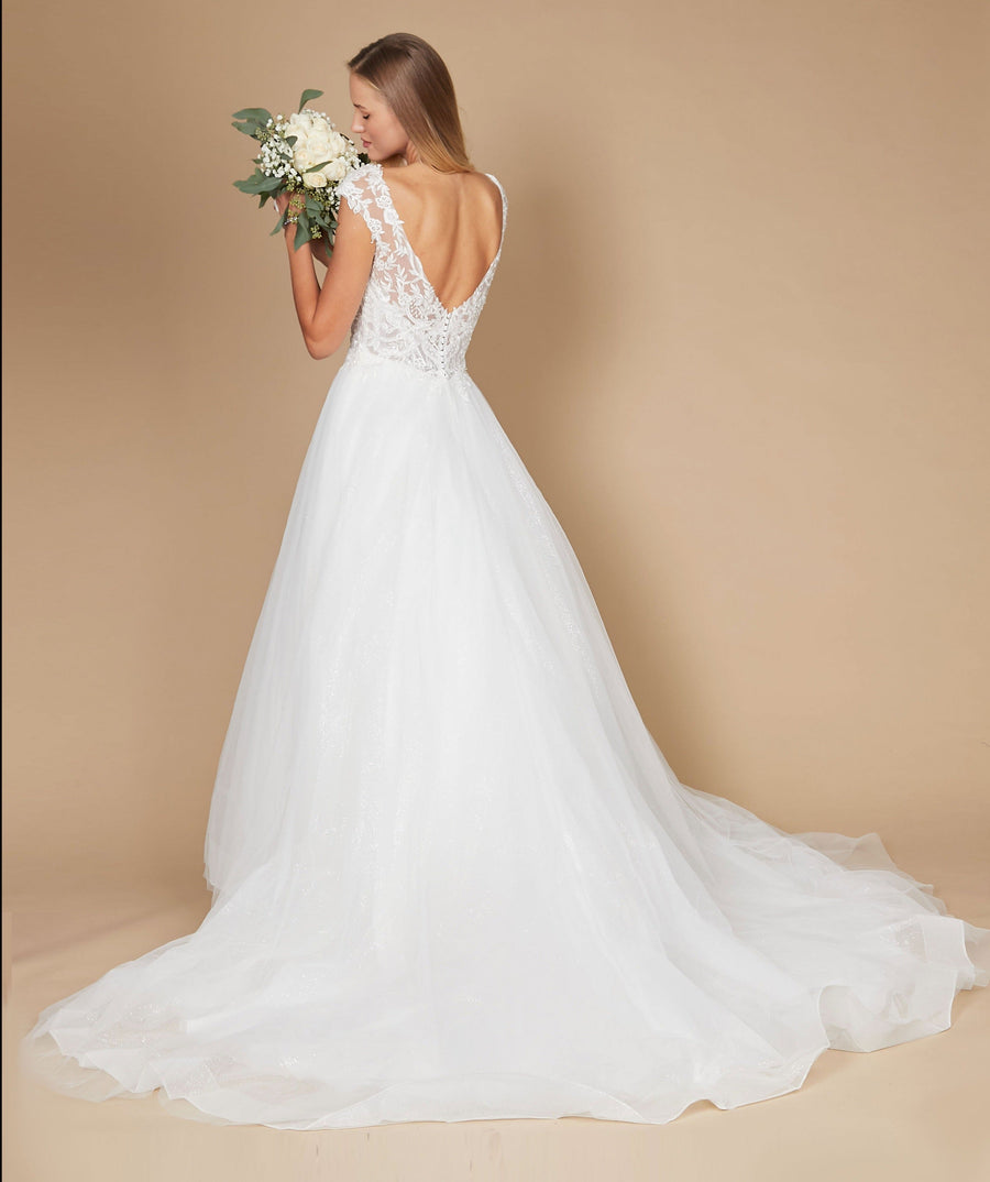 Floor Length Cap Sleeve Lace Wedding Dress