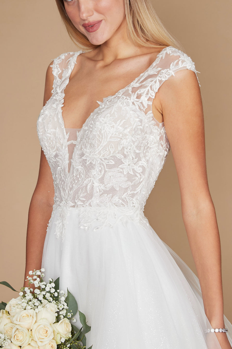 Floor Length Cap Sleeve Lace Wedding Dress