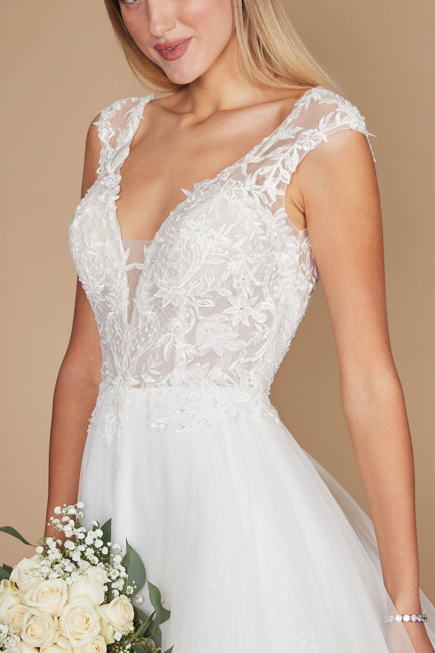 Floor Length Cap Sleeve Lace Wedding Dress