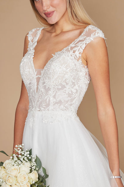 Floor Length Cap Sleeve Lace Wedding Dress