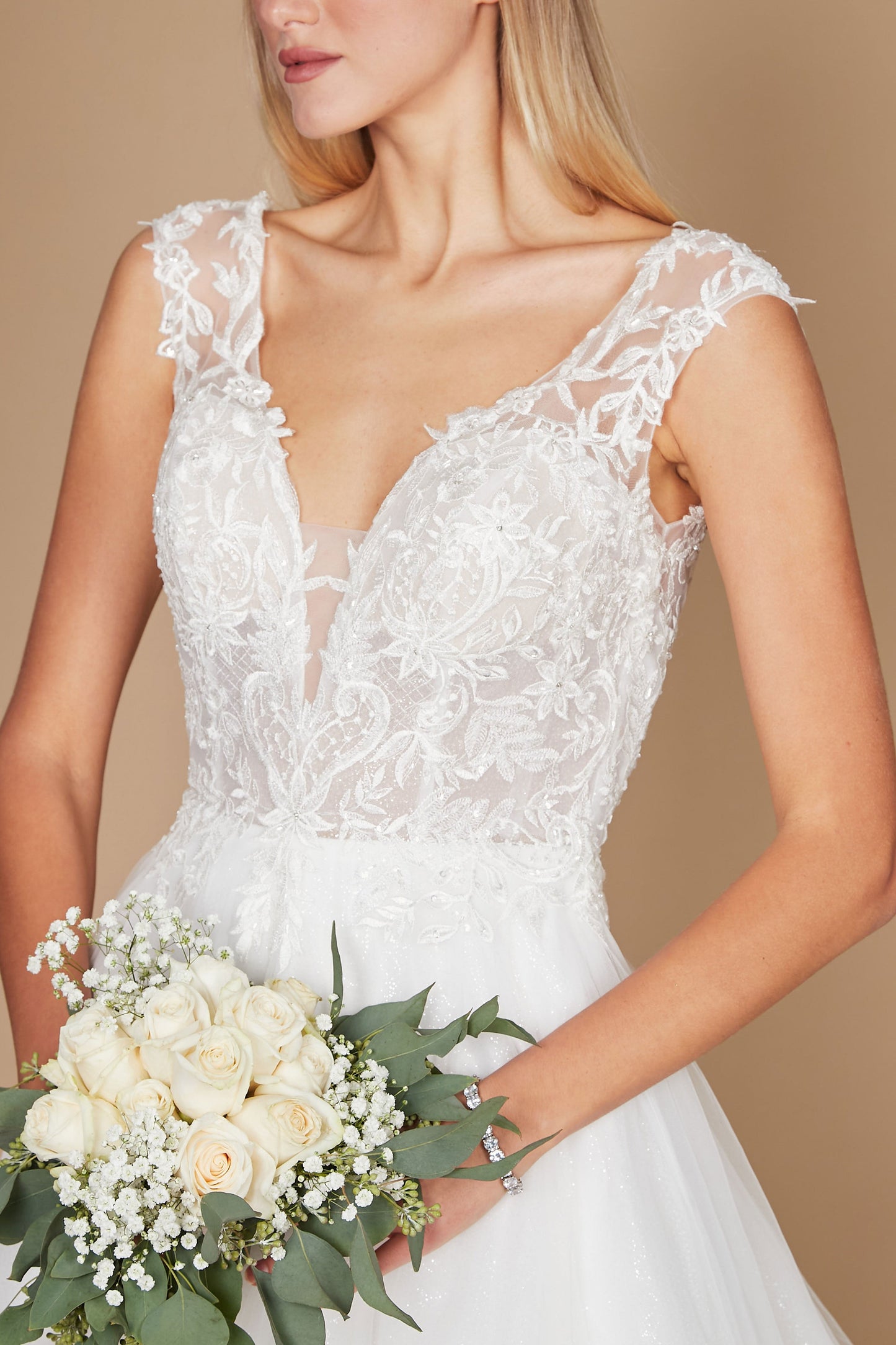 Floor Length Cap Sleeve Lace Wedding Dress