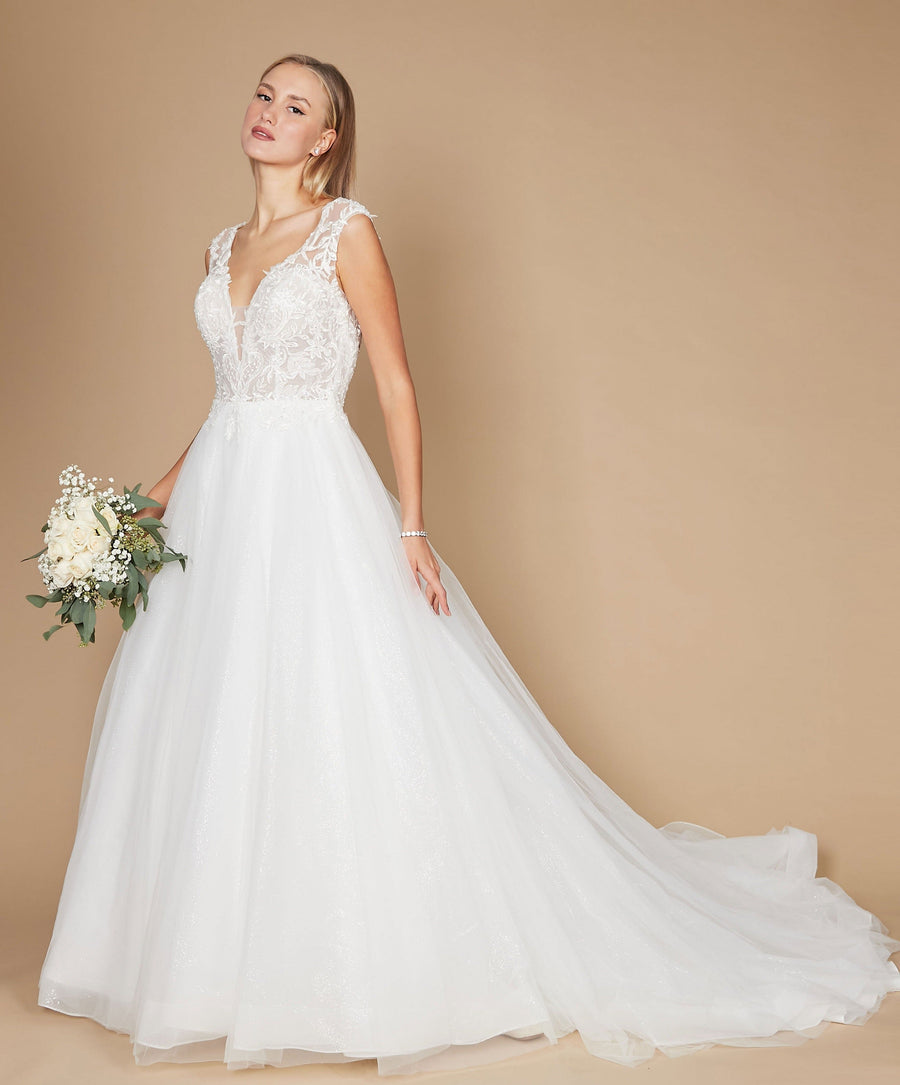 Floor Length Cap Sleeve Lace Wedding Dress