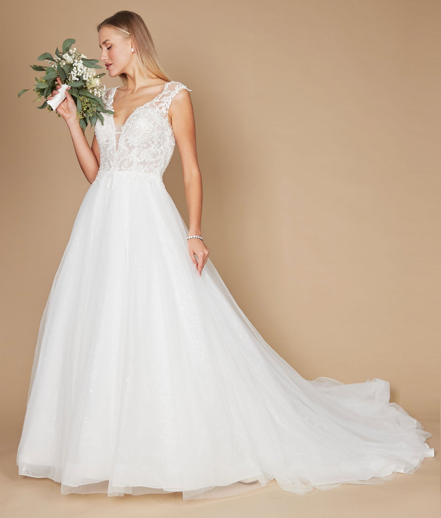 Floor Length Cap Sleeve Lace Wedding Dress