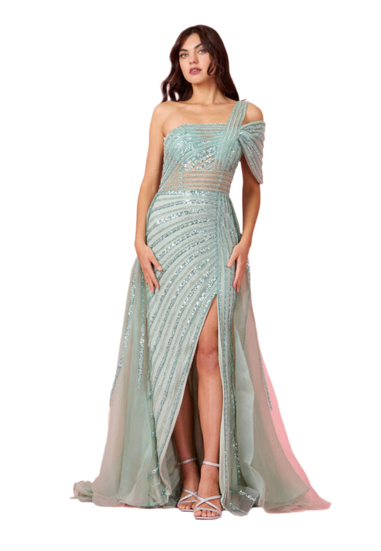 Dylan and Davids Full-Length Couture Hand Beaded Cold Shoulder Formal Gown Dress - SAGE - Front