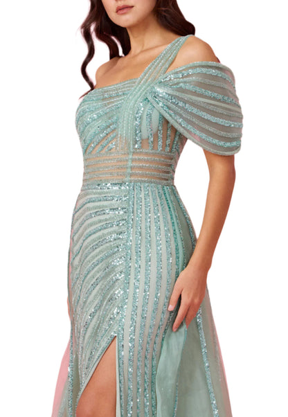 Dylan and Davids Full-Length Couture Hand Beaded Cold Shoulder Formal Gown Dress - SAGE - Fabric