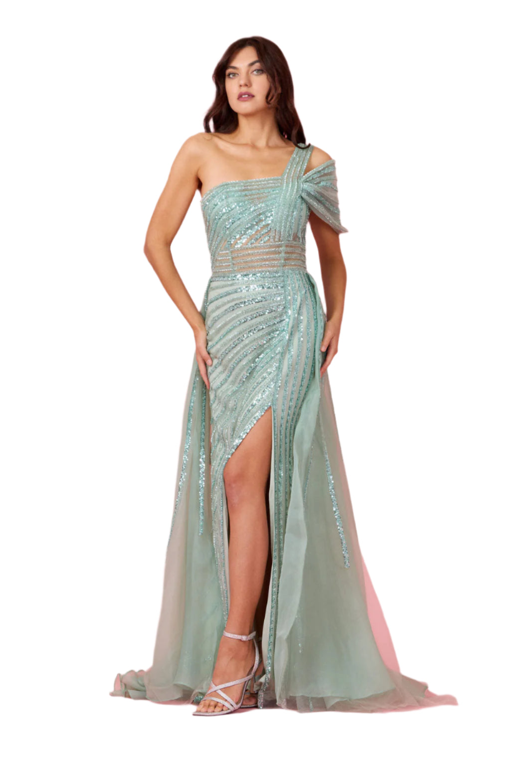 Dylan and Davids Full-Length Couture Hand Beaded Cold Shoulder Formal Gown Dress - SAGE - Front View