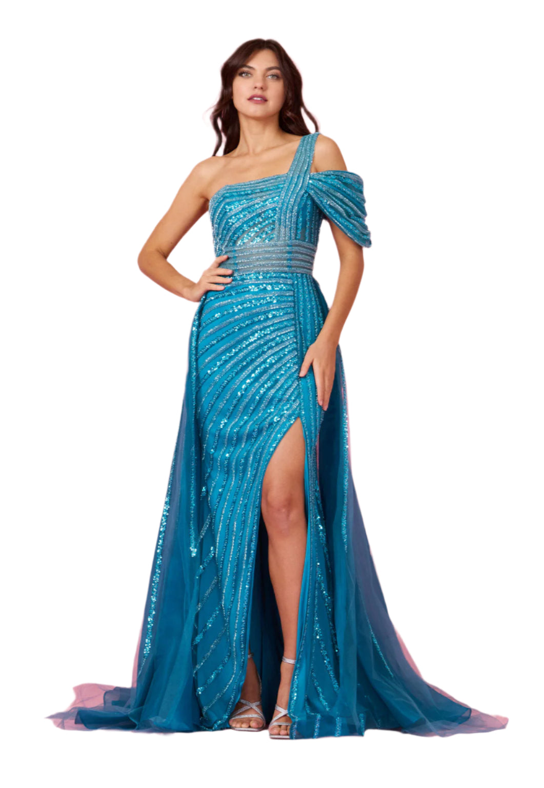 Dylan and Davids Full-Length Couture Hand Beaded Cold Shoulder Formal Gown Dress - TEAL - Front