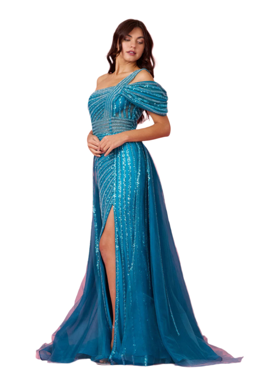 Dylan and Davids Full-Length Couture Hand Beaded Cold Shoulder Formal Gown Dress - TEAL - Side