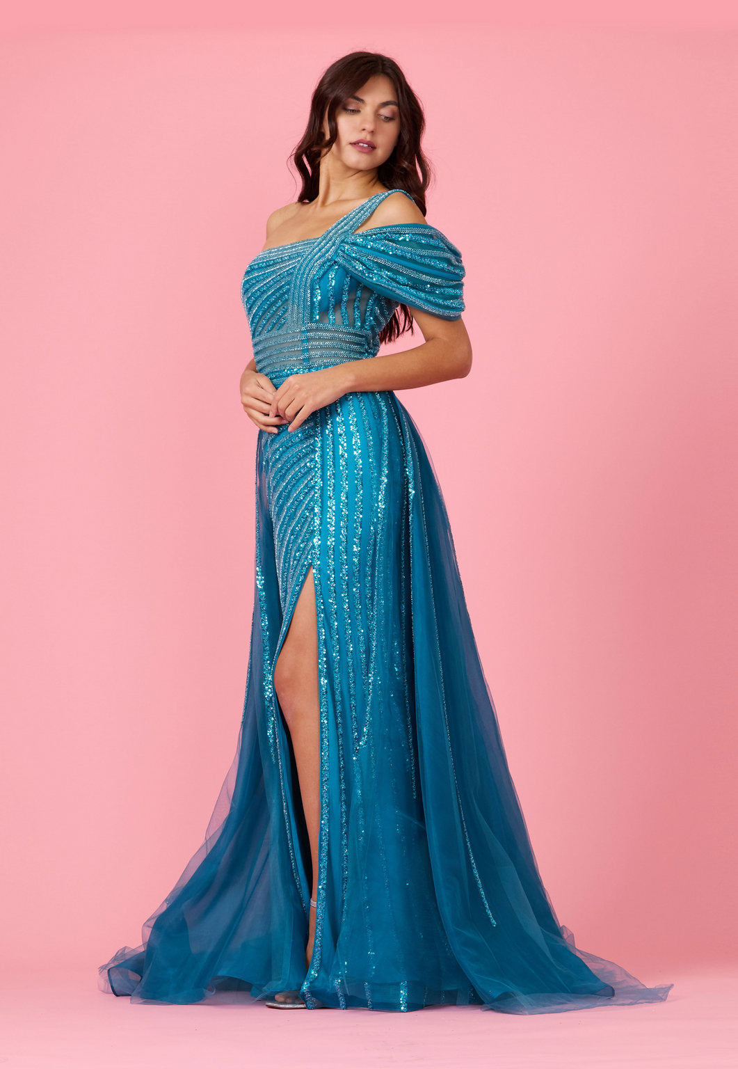 Floor Length Couture Hand Beaded Cold Shoulder Formal Dress