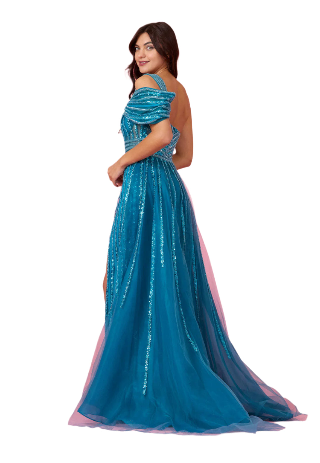 Dylan and Davids Full-Length Couture Hand Beaded Cold Shoulder Formal Gown Dress - TEAL - Back