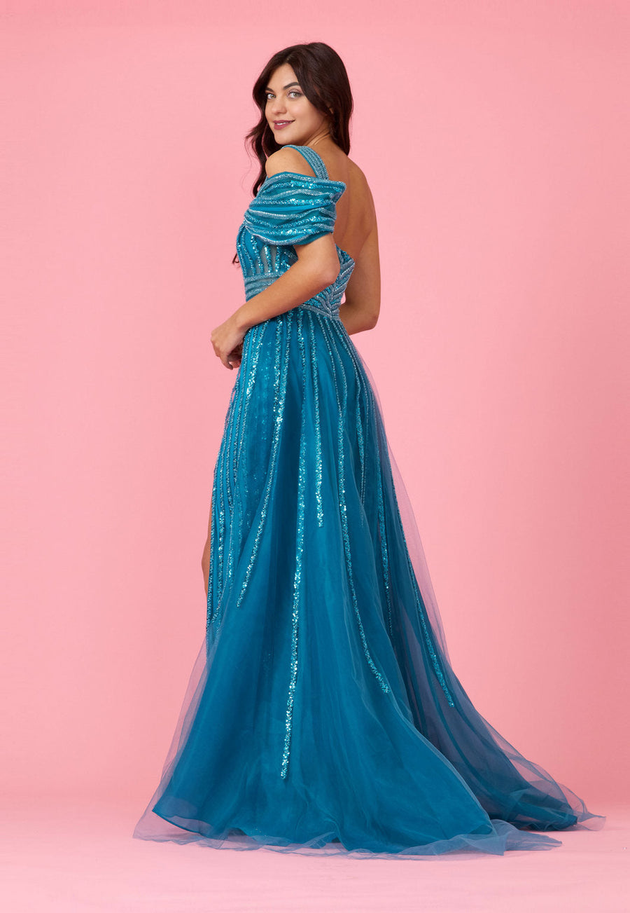 Floor Length Couture Hand Beaded Cold Shoulder Formal Dress