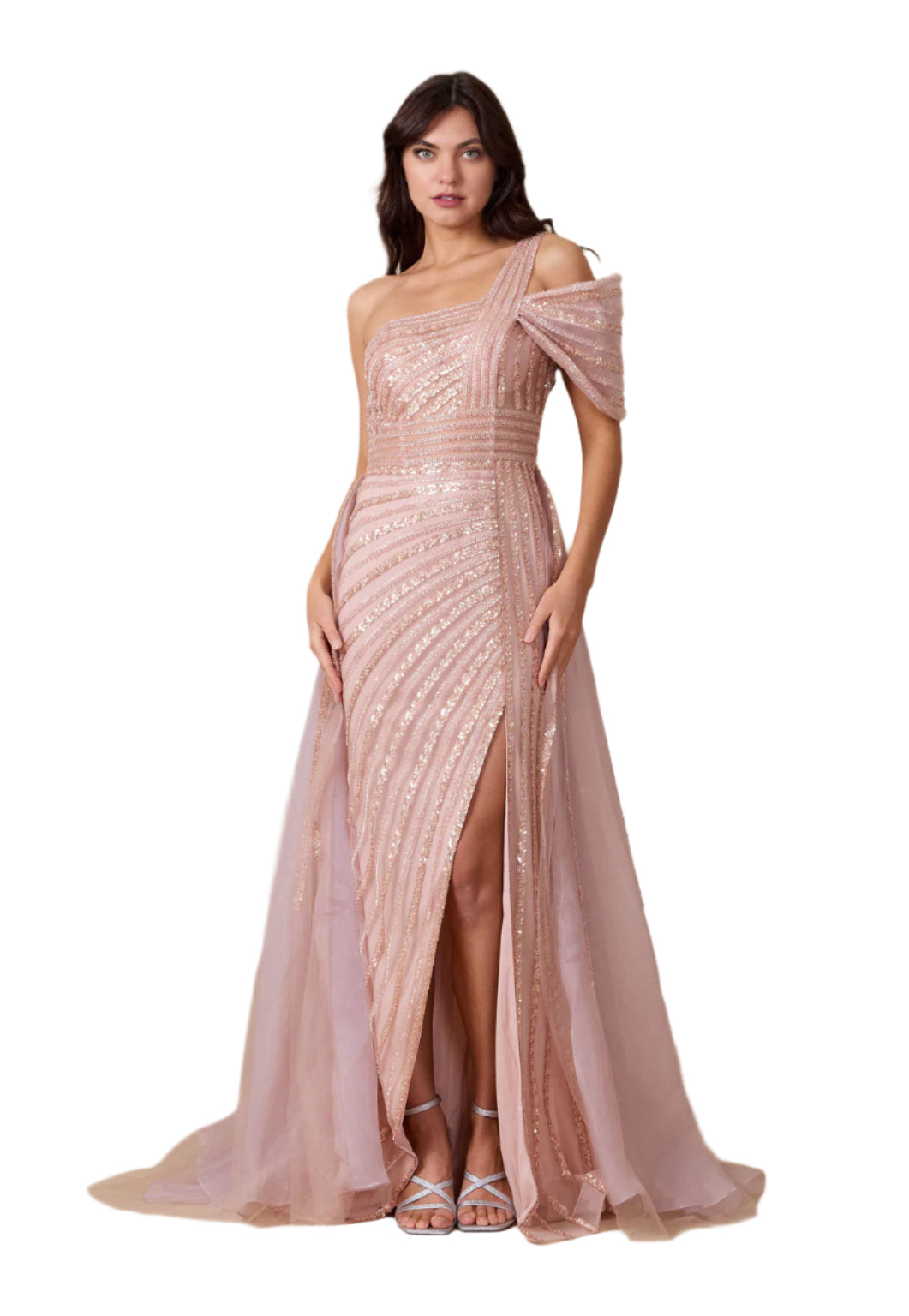 Dylan and Davids Full-Length Couture Hand Beaded Cold Shoulder Formal Gown Dress - ROSE GOLD - Front
