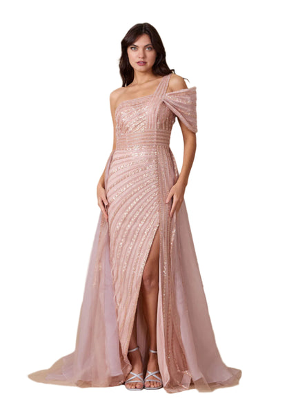 Dylan and Davids Full-Length Couture Hand Beaded Cold Shoulder Formal Gown Dress - ROSE GOLD - Front