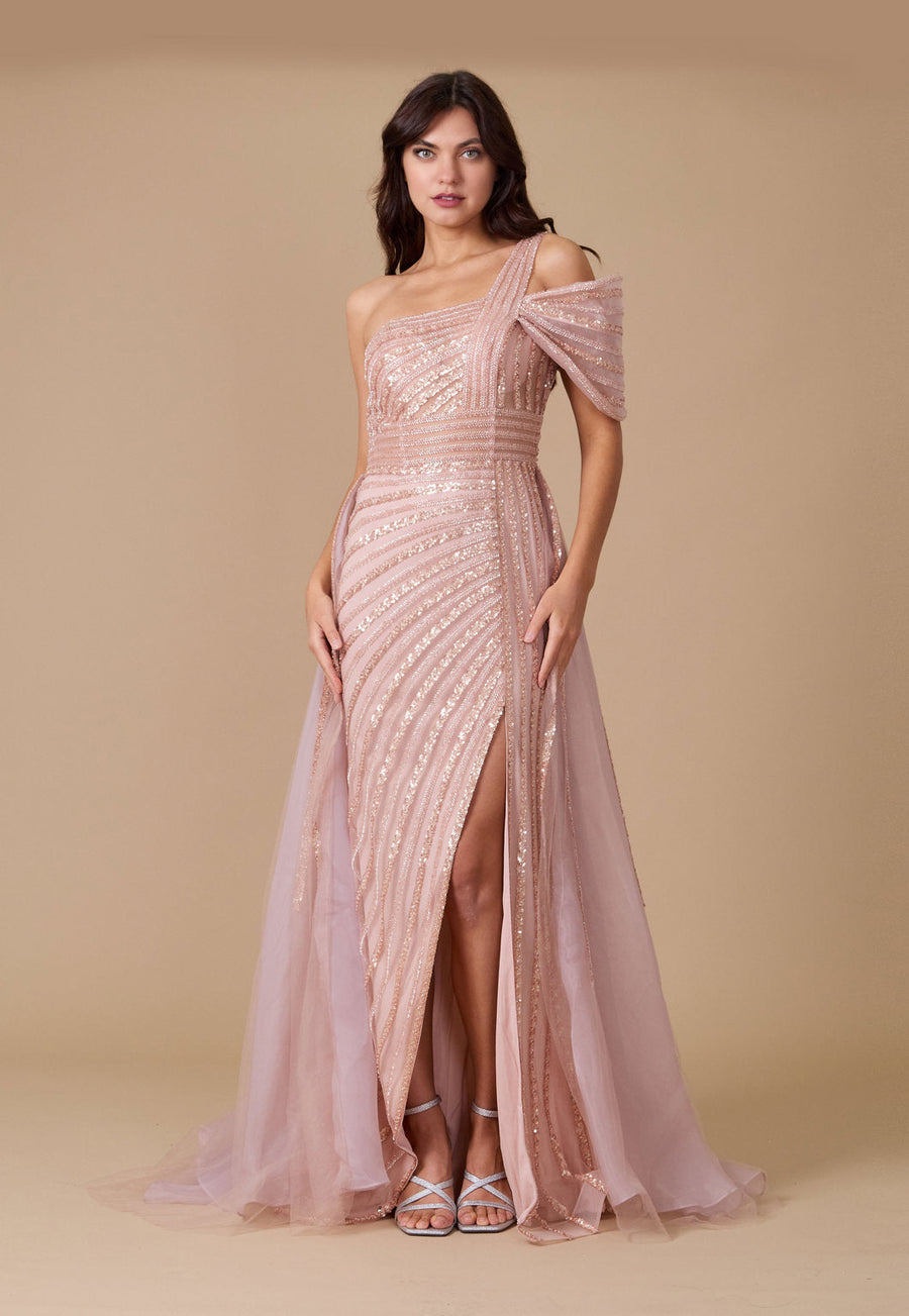 Floor Length Couture Hand Beaded Cold Shoulder Formal Dress