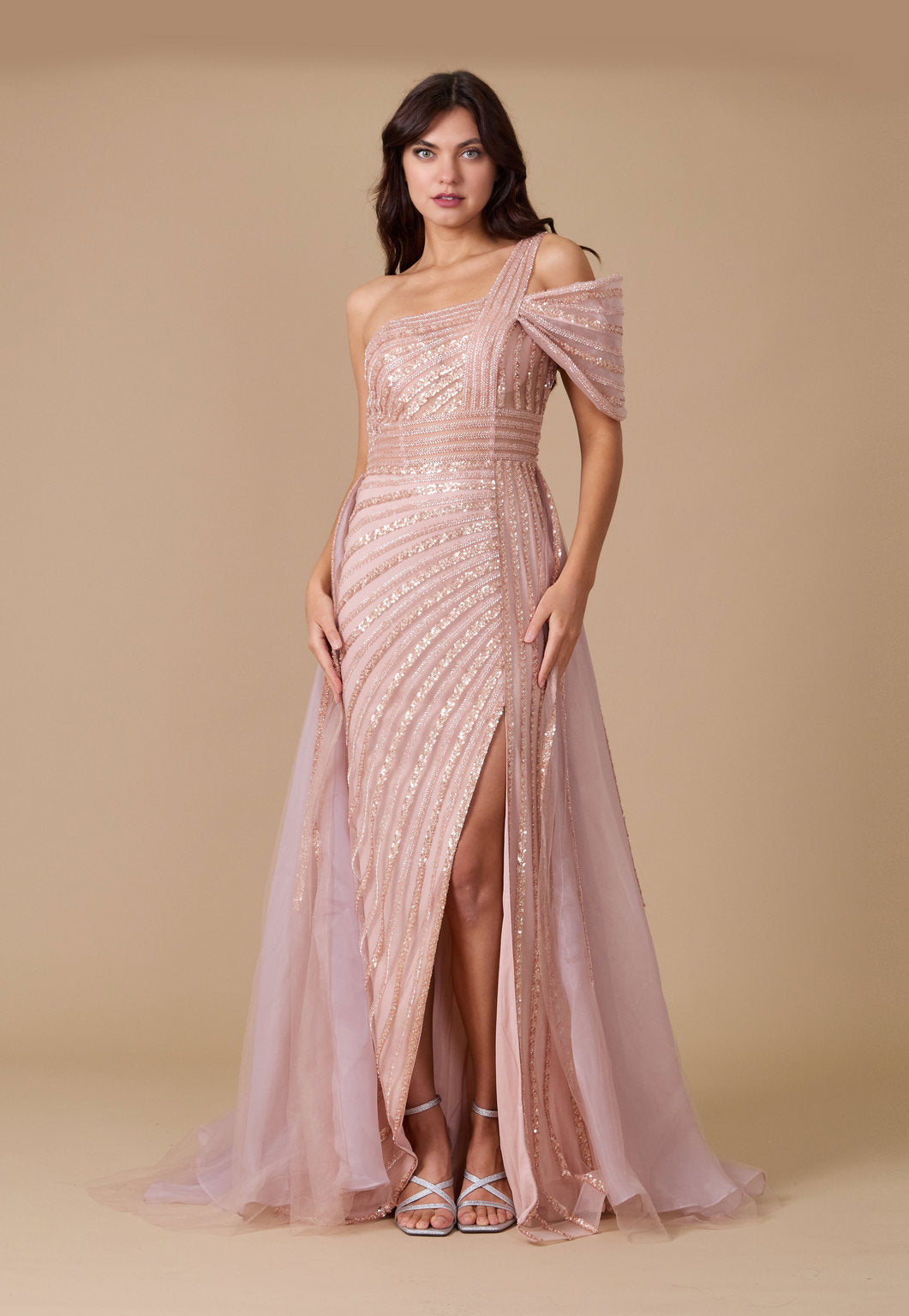 Floor Length Couture Hand Beaded Cold Shoulder Formal Dress