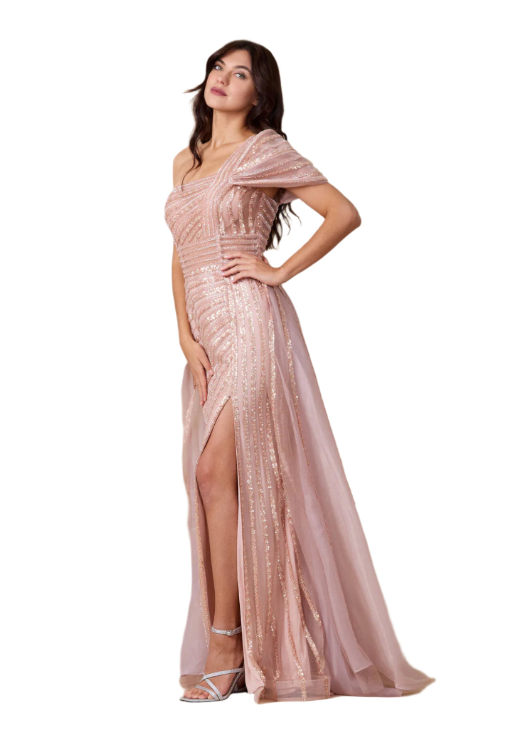 Dylan and Davids Full-Length Couture Hand Beaded Cold Shoulder Formal Gown Dress - ROSE GOLD - Side