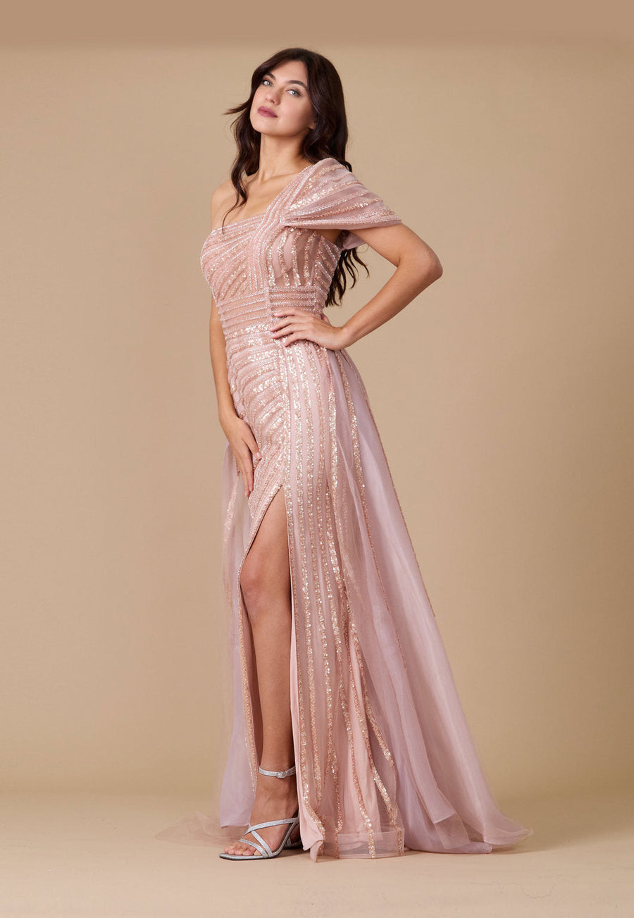 Floor Length Couture Hand Beaded Cold Shoulder Formal Dress