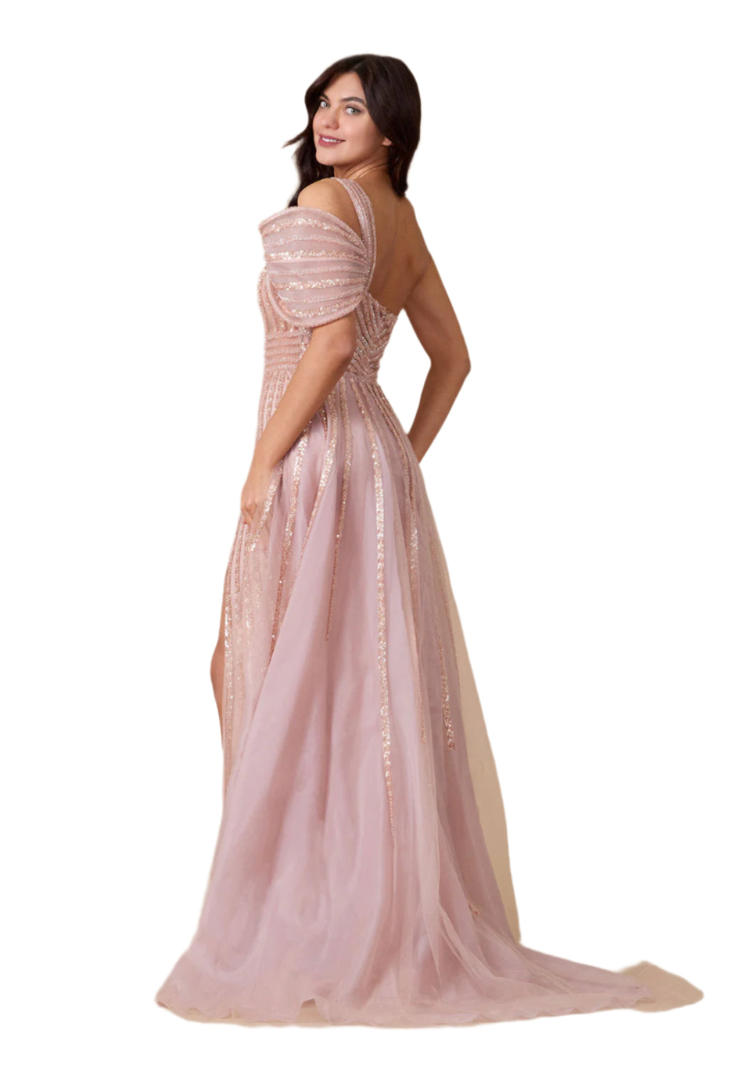 Dylan and Davids Full-Length Couture Hand Beaded Cold Shoulder Formal Gown Dress - ROSE GOLD - Back