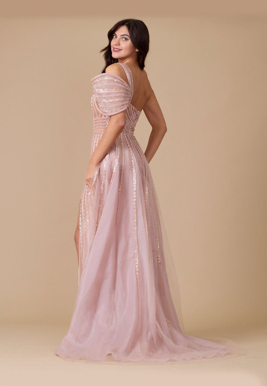 Floor Length Couture Hand Beaded Cold Shoulder Formal Dress