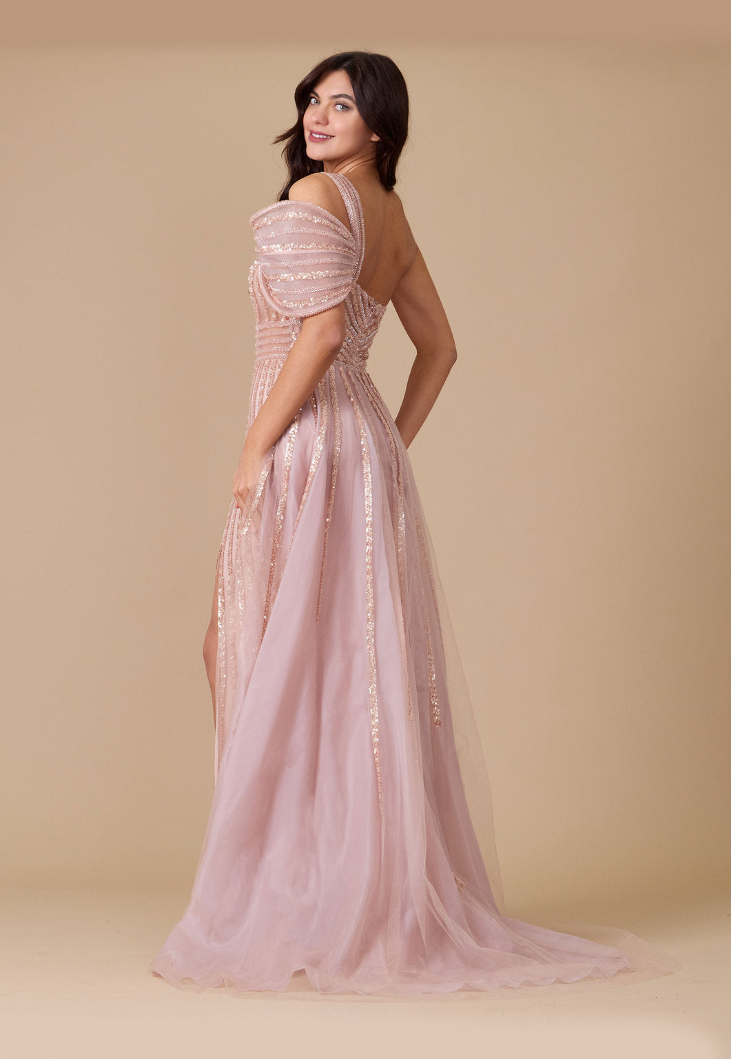 Floor Length Couture Hand Beaded Cold Shoulder Formal Dress
