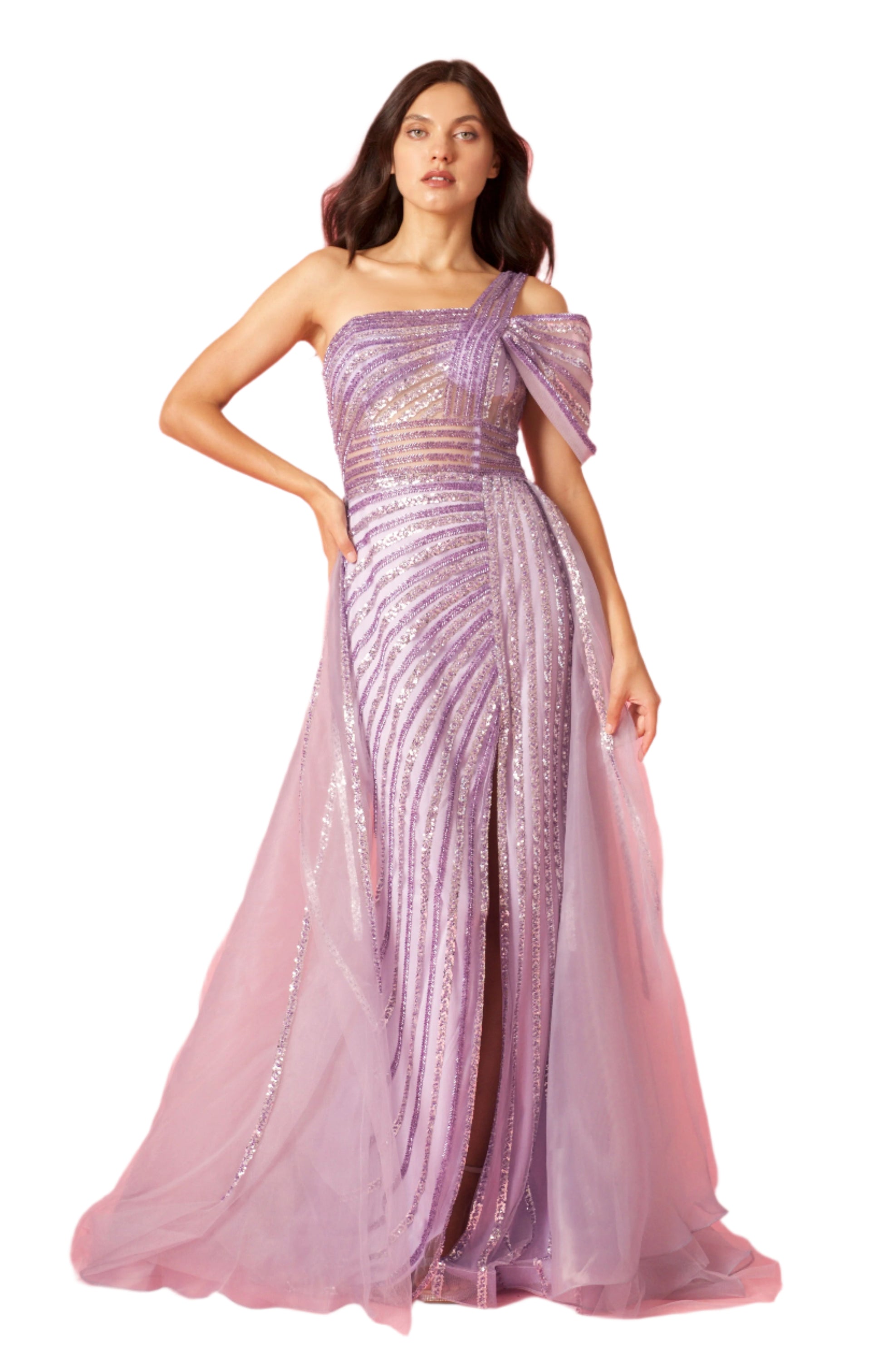 Dylan and Davids Full-Length Couture Hand Beaded Cold Shoulder Formal Gown Dress - LILAC - Front Full View