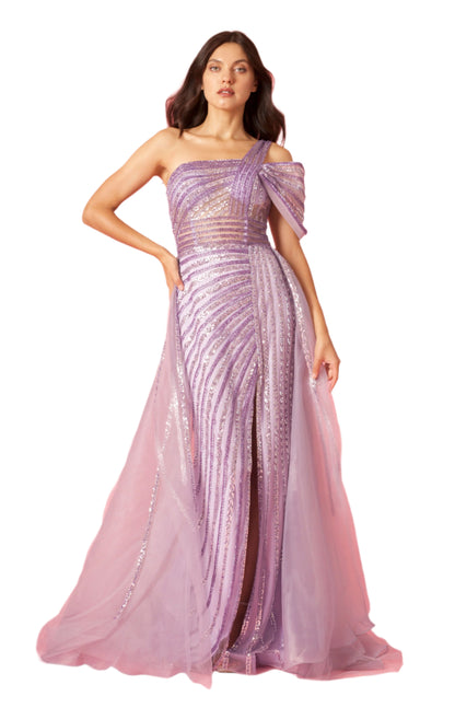 Dylan and Davids Full-Length Couture Hand Beaded Cold Shoulder Formal Gown Dress - LILAC - Front Full View