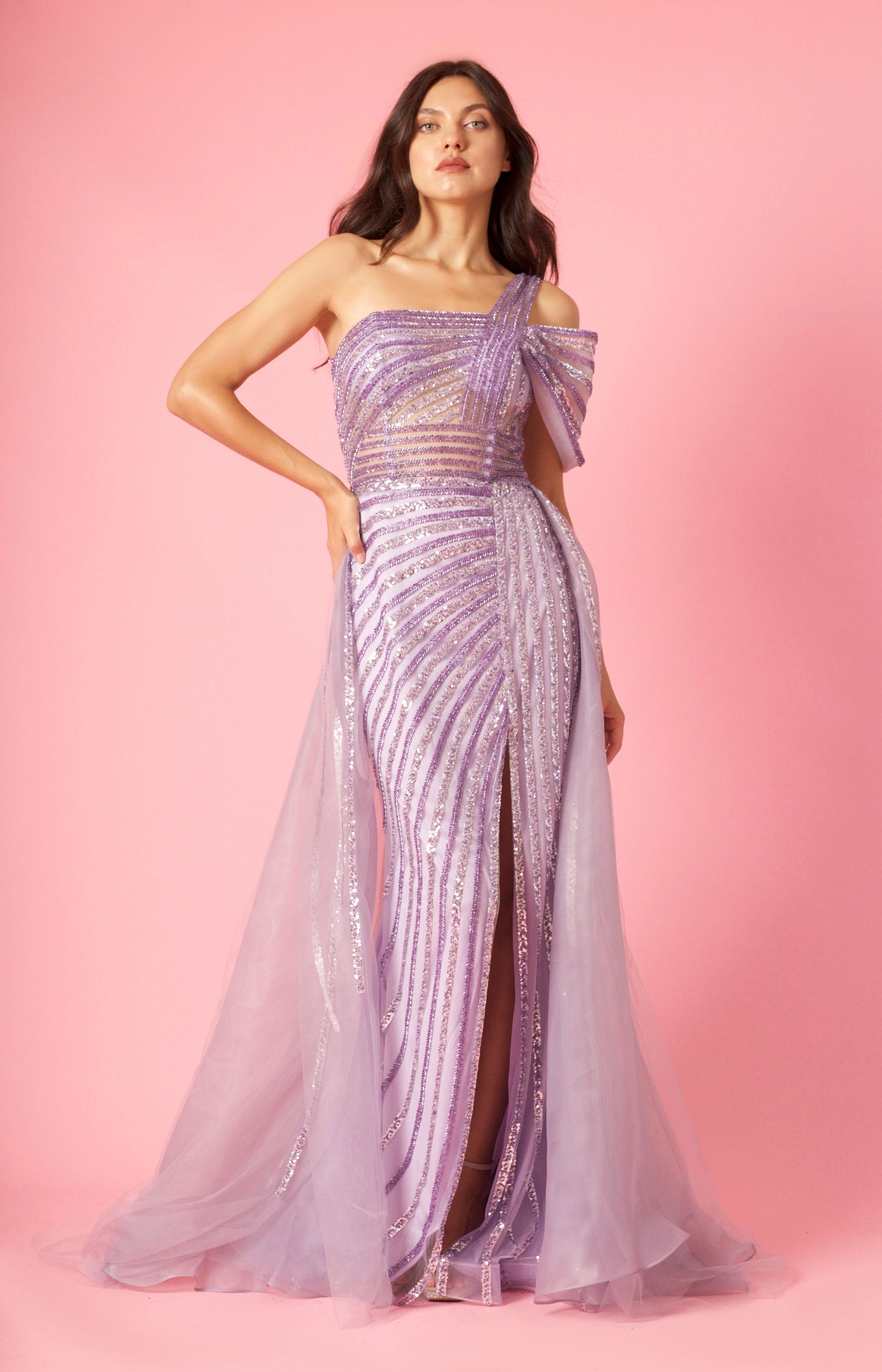 Floor Length Couture Hand Beaded Cold Shoulder Formal Dress