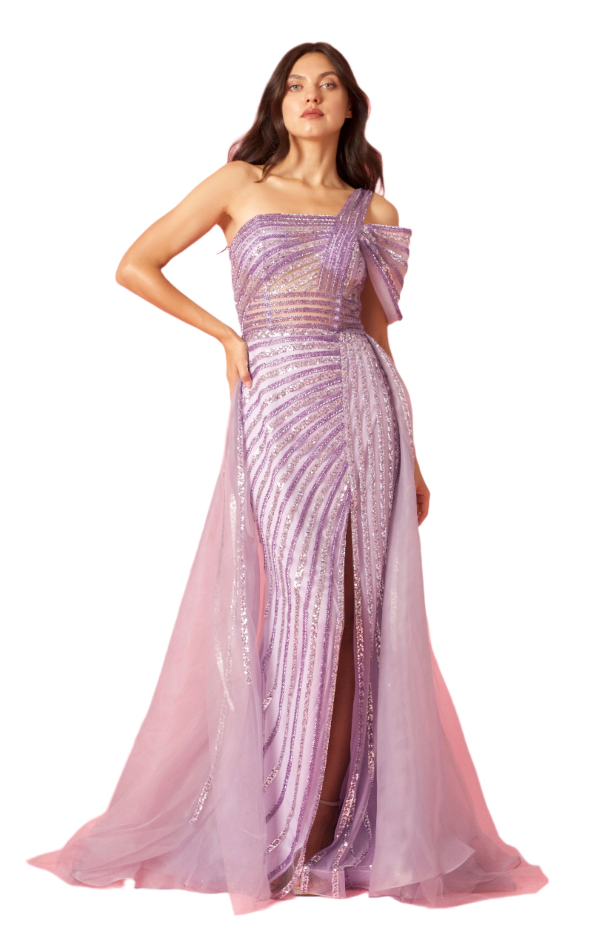 Dylan and Davids Full-Length Couture Hand Beaded Cold Shoulder Formal Gown Dress - LILAC - Full Front View