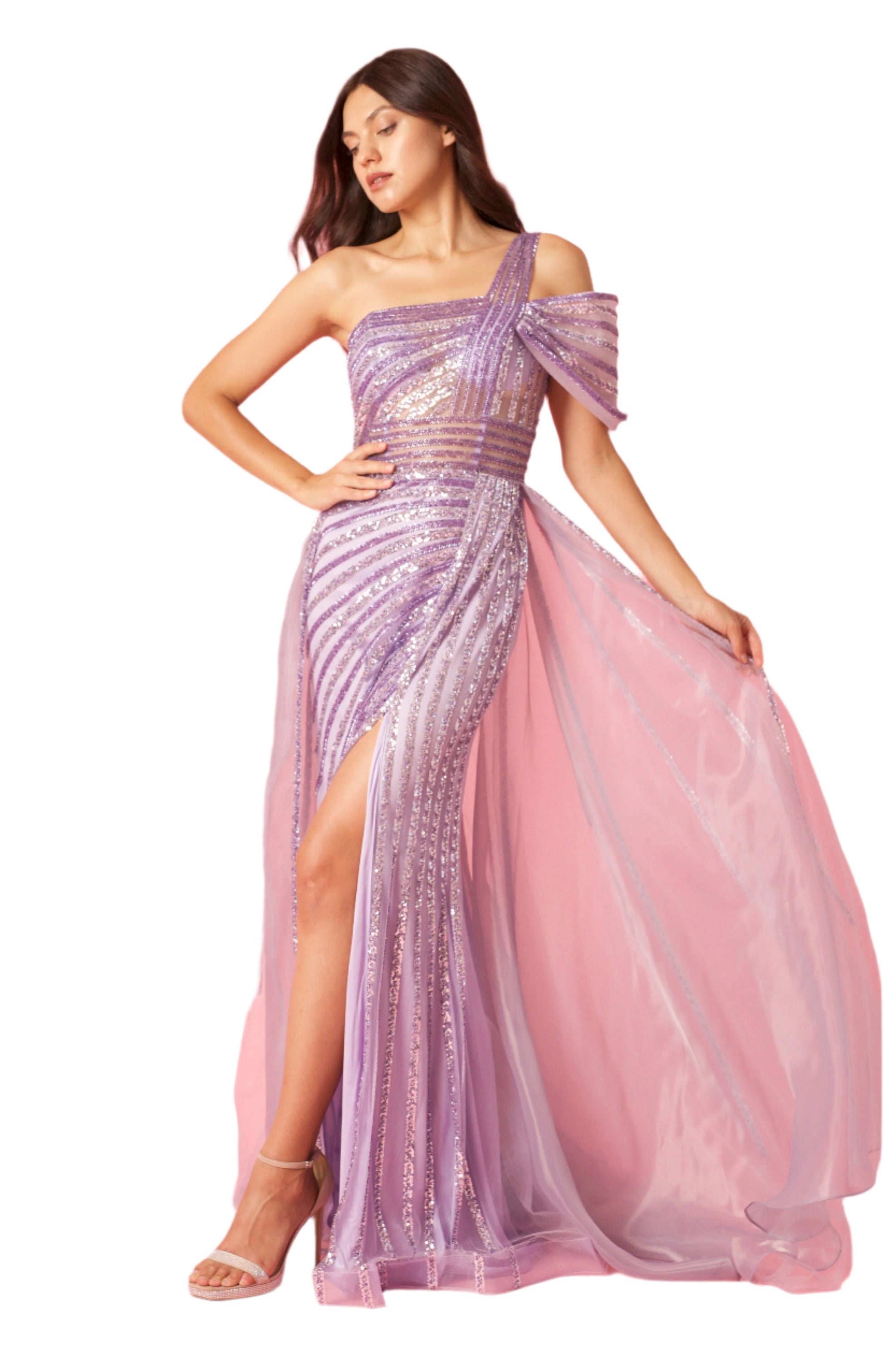 Dylan and Davids Full-Length Couture Hand Beaded Cold Shoulder Formal Gown Dress - LILAC - Front