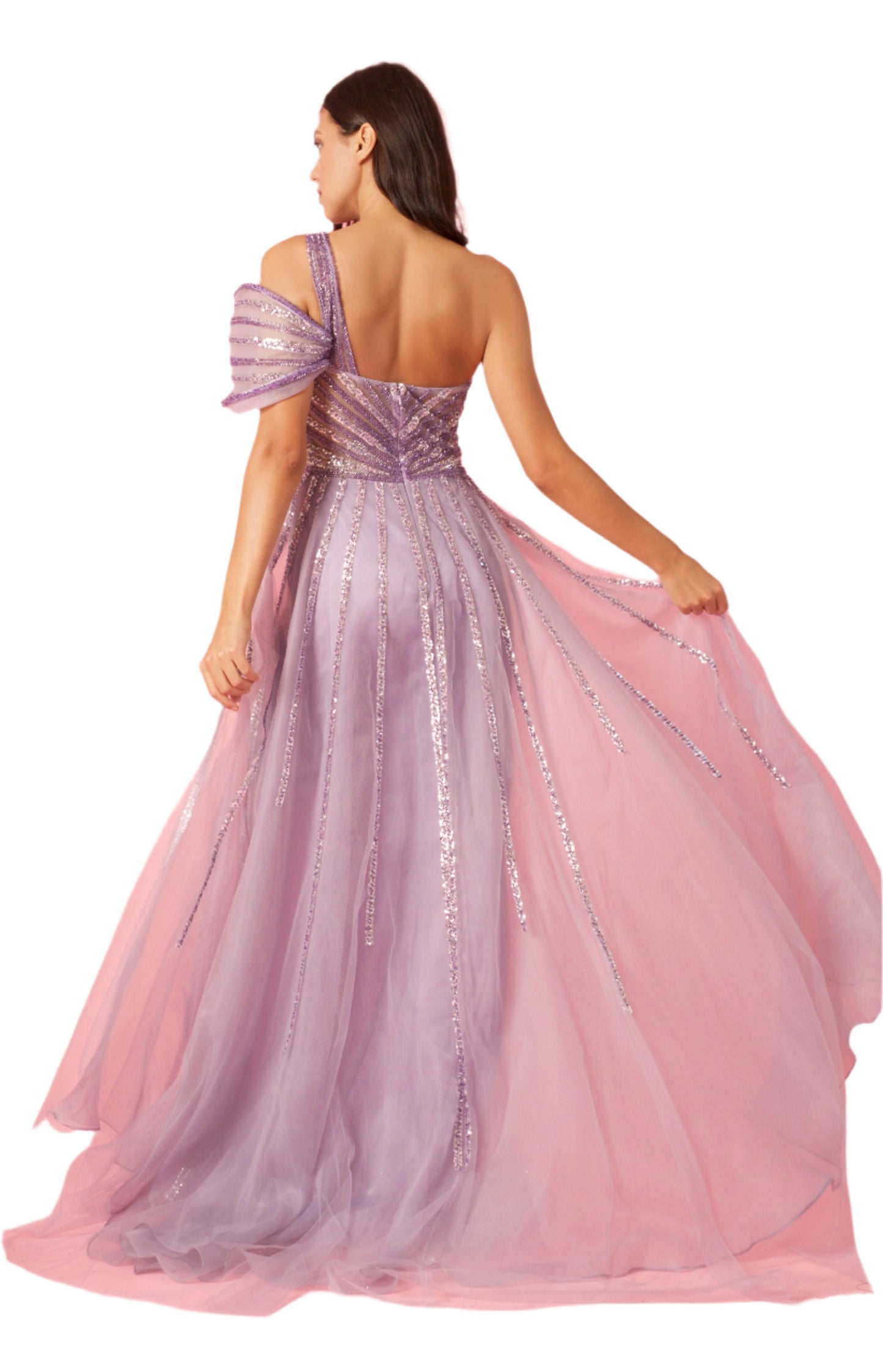 Dylan and Davids Full-Length Couture Hand Beaded Cold Shoulder Formal Gown Dress - LILAC - Back