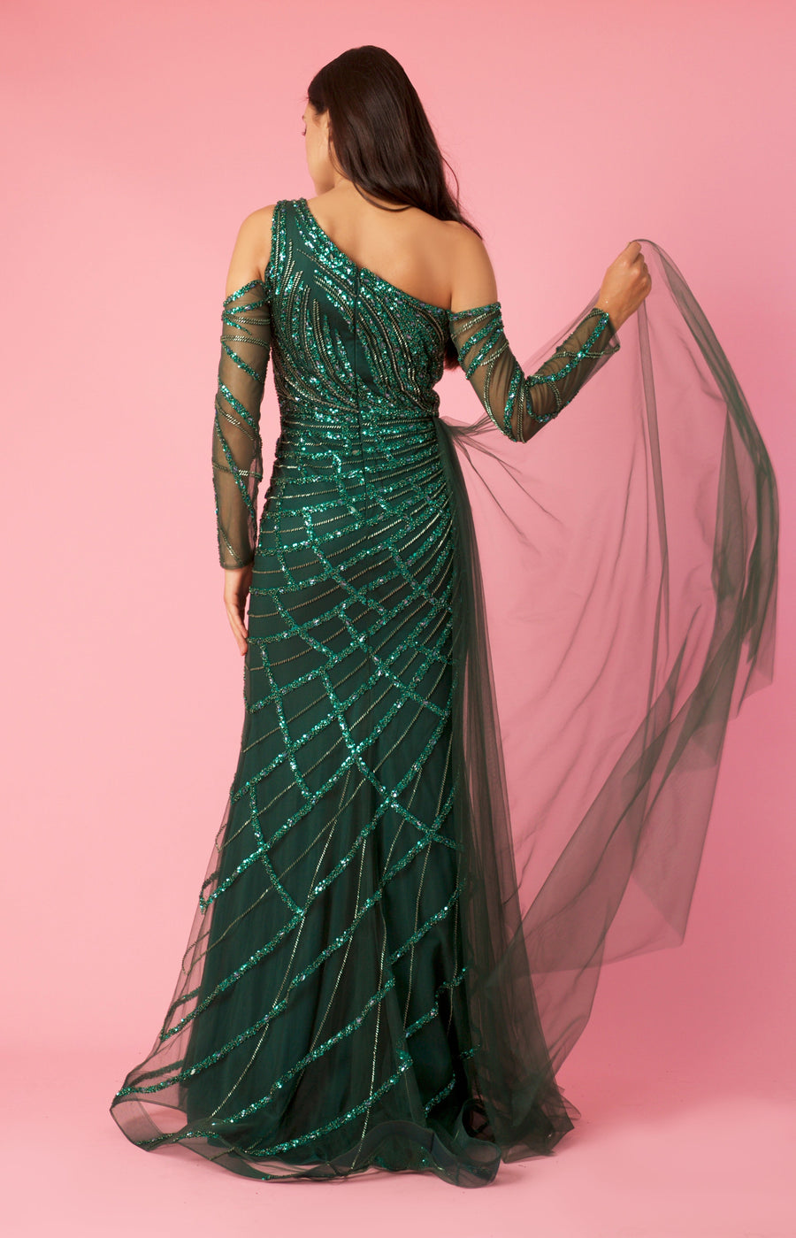 Floor Length Couture Long Sleeve Hand Beaded Formal Dress