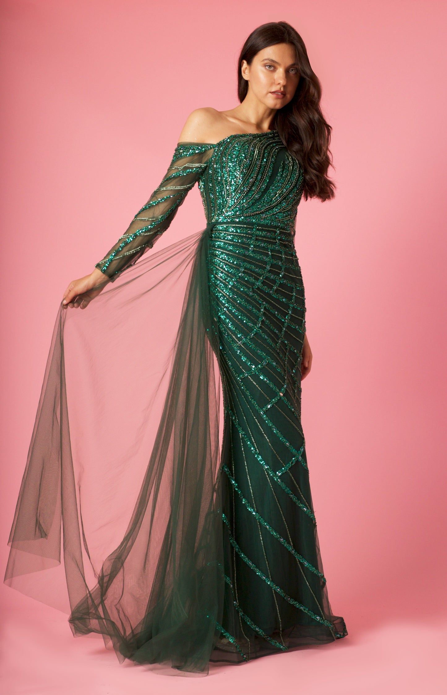 Floor Length Couture Long Sleeve Hand Beaded Formal Dress